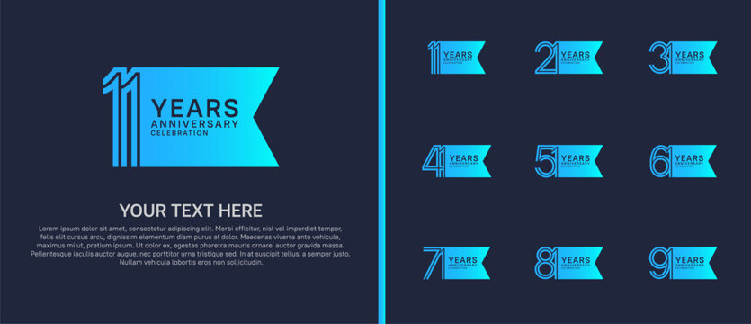 anniversary logo set with ribbon shape. blue color on blue background for celebration moment