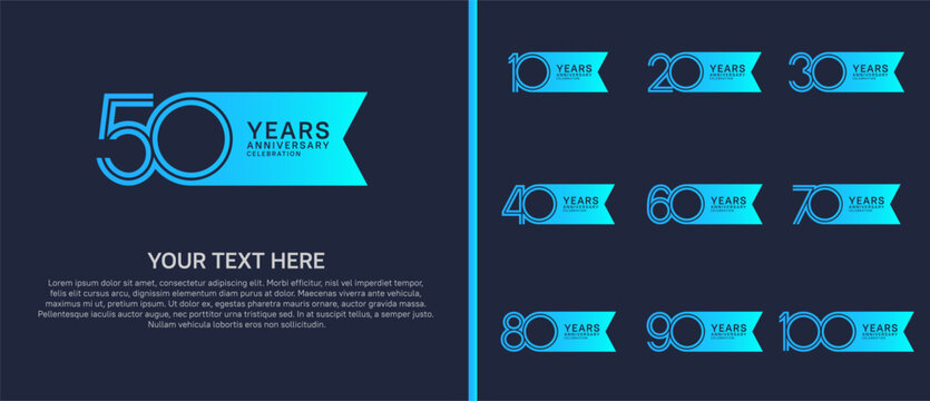 anniversary logo set with ribbon shape. blue color on blue background for celebration moment