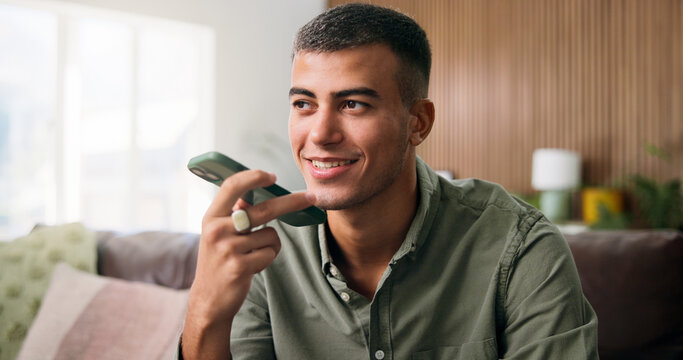 Man, conversation and voice note with phone for audio message, communication or recording in home. Person, talking or speaking with technology for chat, vocal app or discussion in house living room