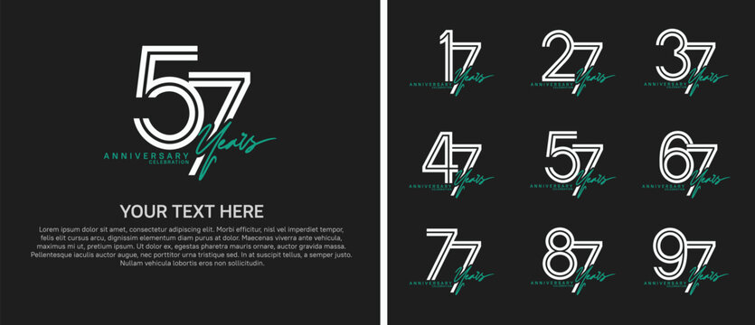 anniversary logo set with handwriting. white and green color on black background for celebration moment