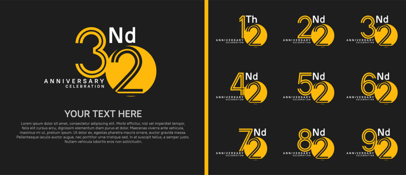 anniversary logo set with circle. white and yellow color on black background for celebration moment