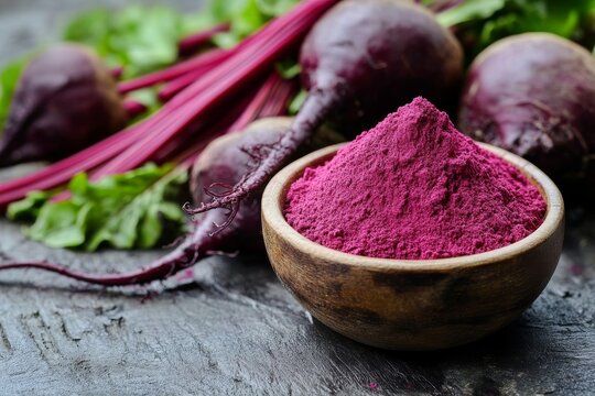 Natural beetroot powder in bowl near fresh beets on rustic wooden surface