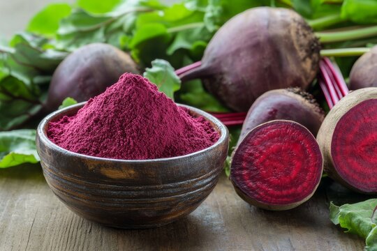 Earthy beetroot powder in rustic bowl next to fresh beets on wooden surface in natural setting