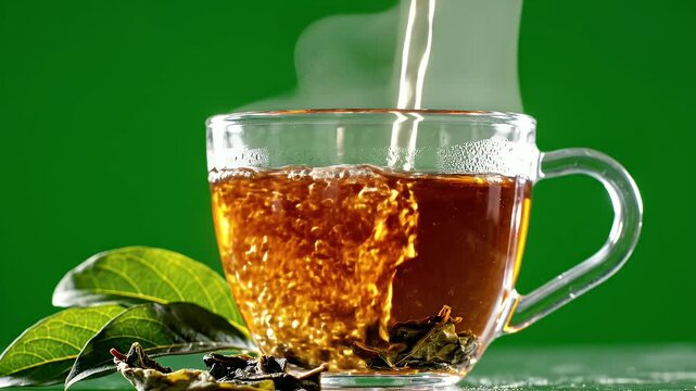 Close up of hot soursop leaf tea being poured into a clear glass cup with steam rising against a vibrant green background cinematic food commercial shot