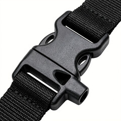 Macro photograph of a black polymer sternum strap buckle with an integrated whistle and nylon webbing.