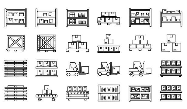 A collection of black and white line art illustrations depicting various warehouse and storage icons including shelving units pallets forklifts and cargo containers in a minimalist flat design style