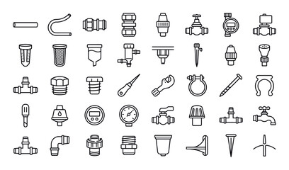 Fototapeta premium Garden micro watering system components including supply conduit line, feeder hose tube, quick connect joint, locking compression