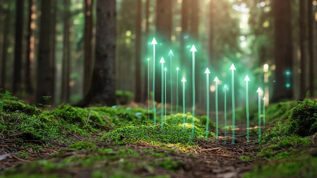 Financial growth chart on a forest path representing sustainable investment strategy green business road and ecological success concept