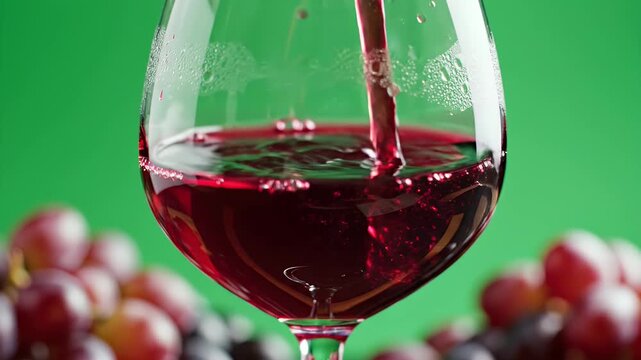 Close Up Of Rich Red Wine Being Poured Into A Crystal Glass With Fresh Grapes In The Foreground Against A Vibrant Green Background