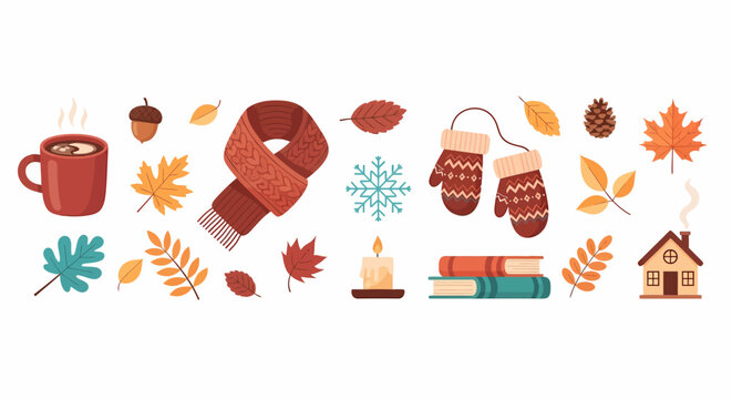 Winter Clothing and Accessories with Leaves.