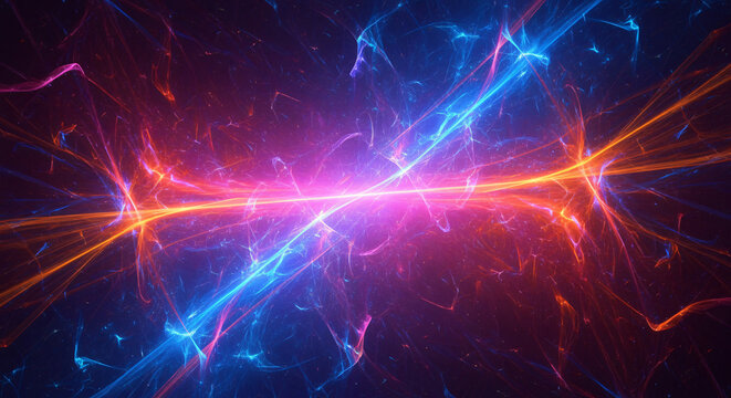 Abstract glowing energy beams crossing in vibrant blue and orange light