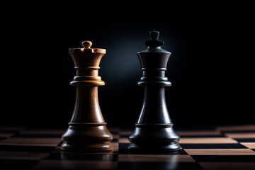 Fototapeta premium Two chess pieces facing each other on a dark chessboard.