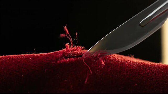 Knife slicing through red fabric in close-up sequence. Sharp blade cuts velvet material with fraying threads emerging. Detailed process of material tearing from initial pierce to final slit.