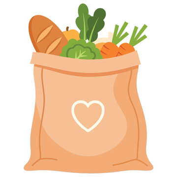 A heart-filled bag of colorful fresh vegetables and bread from the market