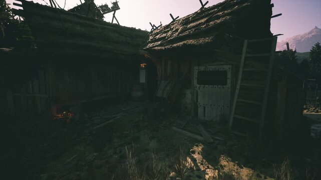 An old, dilapidated house stands in a serene landscape as the sun sets. Overgrown vegetation frames the building, highlighting its rustic charm and the fading light.