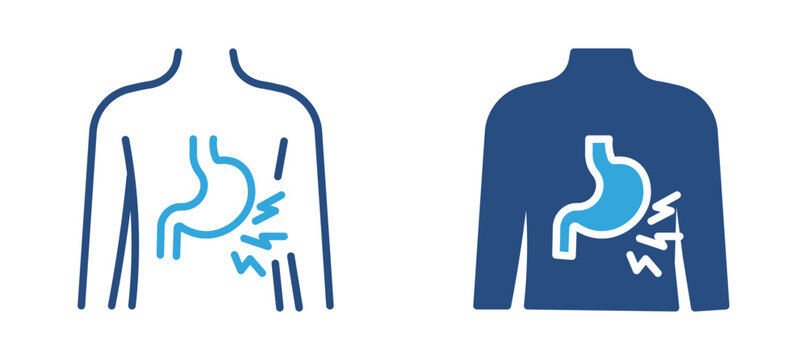 Stomach pain icon set. Human torso with highlighted stomach and pain marks, abdominal pain, digestive problem and medical symptom concept. Vector illustration.