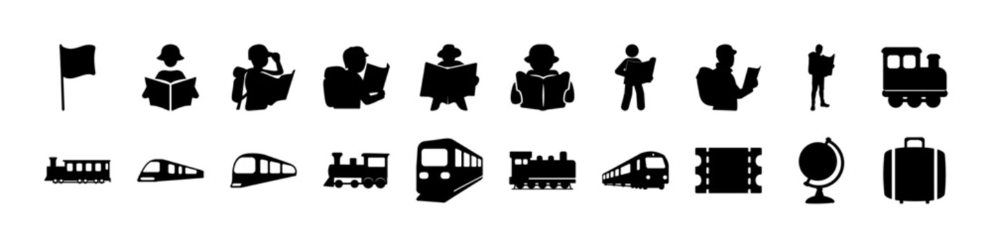 Black Transportation and Travel Silhouette Icon Set - Collection of black silhouette icons featuring transportation vehicles, passengers, luggage, and travel symbols useful for maps, tourism, and navi