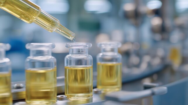 Pharmaceutical technician fills glass vials with clear solution using automated dispensing equipment in sterile cleanroom environment with laminar flow hood, ideal for medicine production aseptic