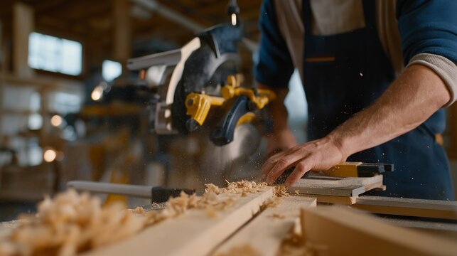 Furniture maker cuts compound miter on hardwood crown molding using precision saw, dust collection system active in professional cabinetry workshop space, ideal for carpentry millwork custom