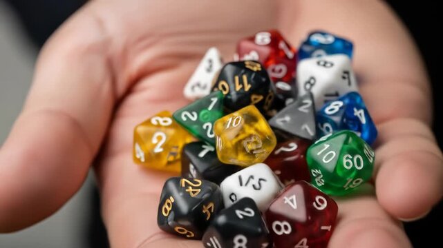 A handful of multicolored polyhedral dice with various numbers