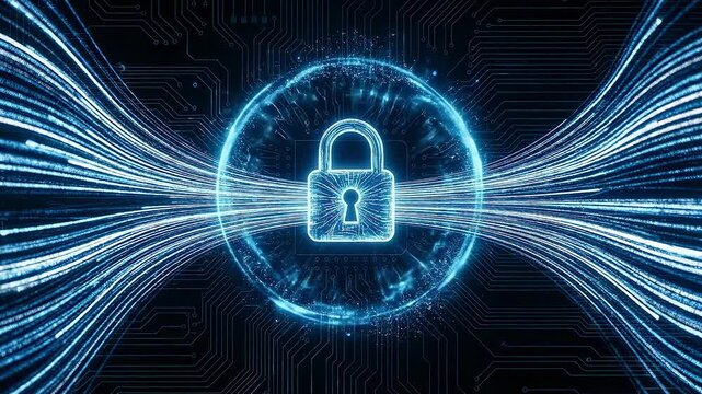 Digital lock with data streams representing cybersecurity, encryption and data flow protection.