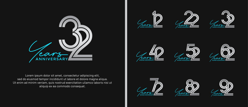 anniversary vector logo set, silver color with blue handwriting can be use for celebration