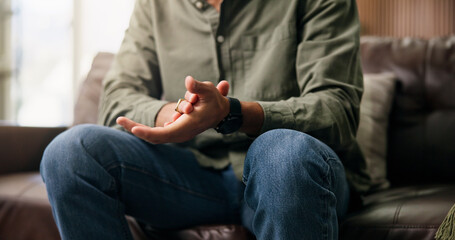 Therapy session, hands and patient on couch, nervous and anxiety for consultation and mental...