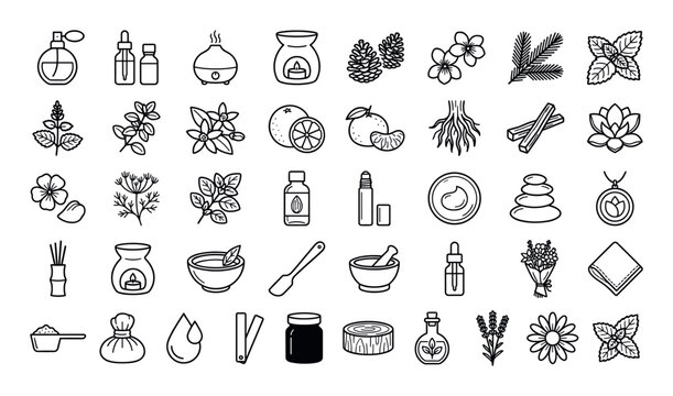 A collection of line art icons representing aromatherapy and natural wellness products