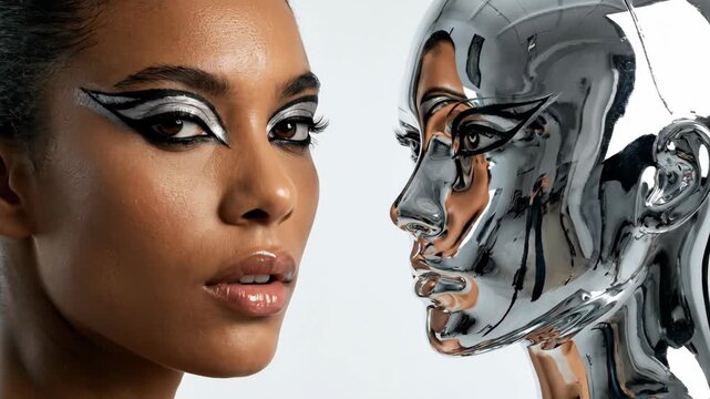 African American woman transforming into cyborg. Human face morphs to robotic profile with metallic features. Futuristic digital metamorphosis animation concept.