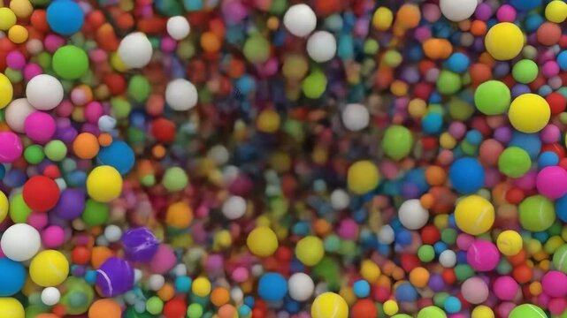 A vibrant, colorful illustration of numerous small, spherical objects densely packed and swirling