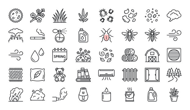 Pollen grain particle, flowering tree branch, grass field blades, ragweed plant stem, dust mites cluster, pet dander flakes, mold