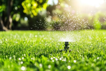 Naklejka premium Lawn sprinkler system waters grass in the yard during a sunny day with bright sunlight and clear skies