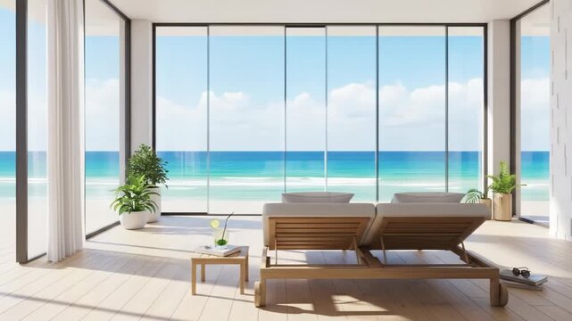 A serene beachside living room features a stunning ocean view through floor-to-ceiling windows, complemented by light wood furniture and lush green plants