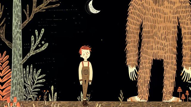 Boy's Mysterious Adventure with Bigfoot in a Whimsical Forest: Vector Illustration of a Fantasy World at Night
