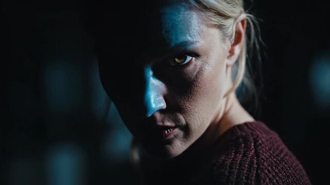 Woman glancing over shoulder suspiciously. Intense close-up portrait sequence of cautious expression. Cinematic mystery theme with dramatic blue lighting and shadows.