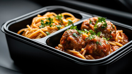 Fototapeta premium Portable electric lunch box warming a hot lunch of spaghetti and meatballs in a modern car interior, emphasizing convenience for busy professionals and road travelers enjoying a warm meal on the go