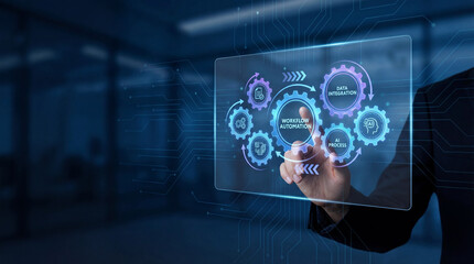 Fototapeta premium Enterprise workflow automation concept with glowing digital process diagram and connected gears interface