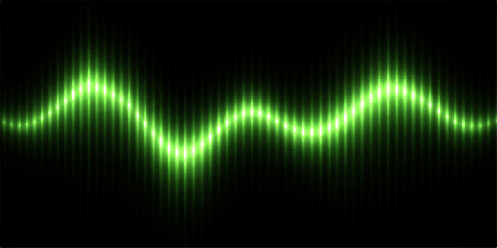 A colorful abstract background vector illustration featuring a bright green wave equalizer design with digital sound lines and light spectrum patterns against a dark black technology texture 