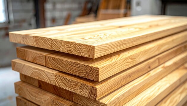 A neatly stacked pile of freshly planed oak planks showcasing distinct wood grain patterns and visible saw marks, ready for carpentry projects.