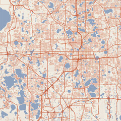 Obraz premium Orlando City Map Sophisticated Geometric Urban Topography Featuring Meticulous Linework and Balanced Composition in a Timeless Minimalist Terracotta Earth Blueprint Aesthetic for Modern Living.