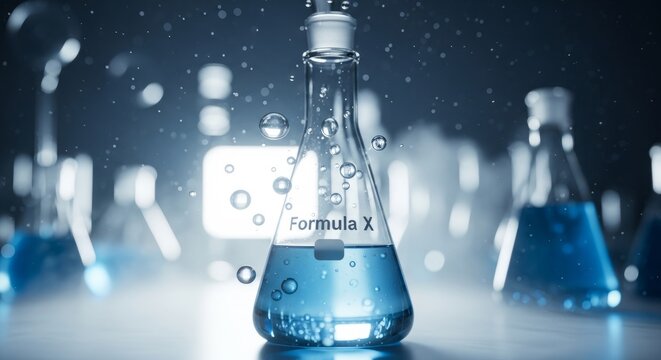 Blue chemical solution in laboratory beaker with formula text