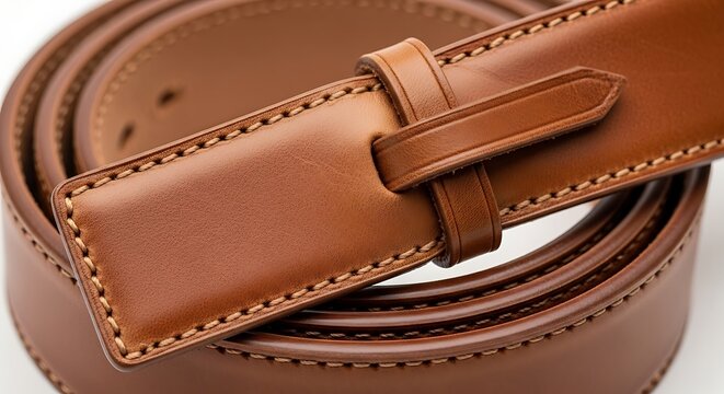 Brown leather belt with buckle closeup.