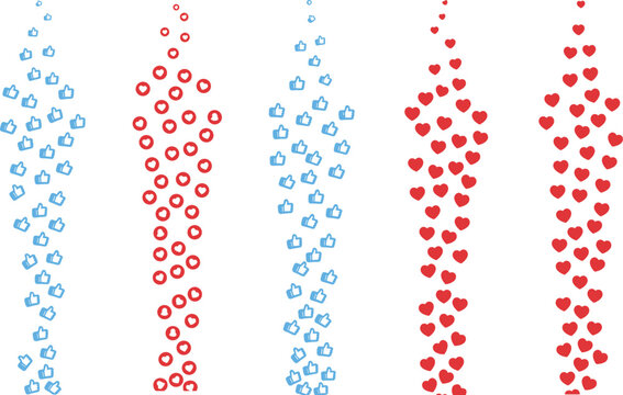 Floating social media reaction icons featuring red hearts and blue thumbs up like buttons for live stream video interface vector.