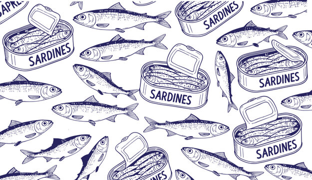 Vector illustration of sardines and sardine cans in vintage blue pattern