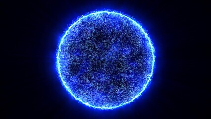 Blue energy magic sphere round hi-tech light digital ball space planet star made of futuristic light rays lines and energy particles. Abstract background © Bolbik
