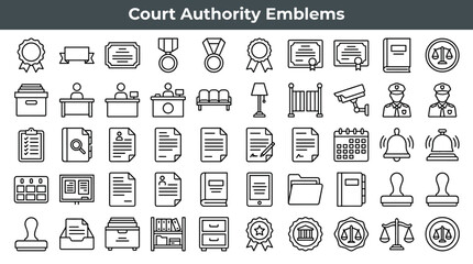 Court authority emblems and legal institution imagery illustrated as minimal outline icons representing visual identifiers of the