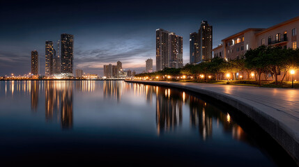 Fototapeta premium Corpus Christi cityscape and harbor reflecting on the bay at sundown, featuring illuminated high rise buildings and a tranquil waterfront promenade in Texas. Corpus Christi