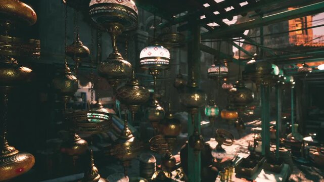 Intricately designed lanterns dangle from a market structure, casting colorful reflections as the sun sets, illuminating the lively atmosphere of the bustling marketplace.