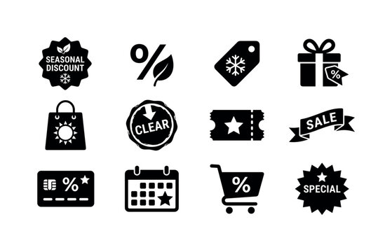 Holiday discount tag icon, shopping basket with sale symbol, promo code badge icon, storefront with discount banner symbol, gift