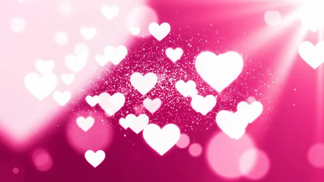 Romantic Valentine's Day background featuring glowing white hearts and shimmering pink glitter particles, ideal for wedding invitations or anniversary promotions.